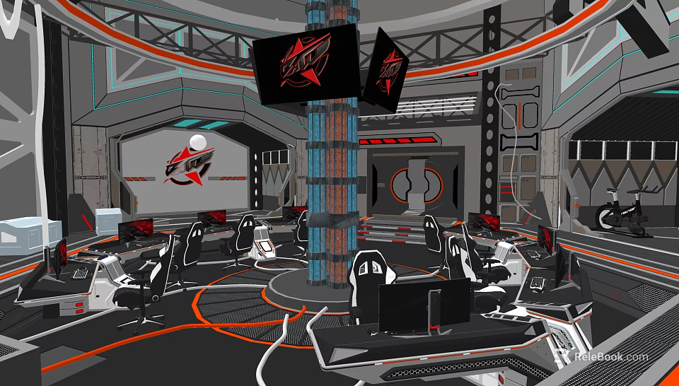 Modern Tech Style Cybercafe With Gaming Chairs Computer Monitors Neon Lights And Decorative Pillars 3d model 
