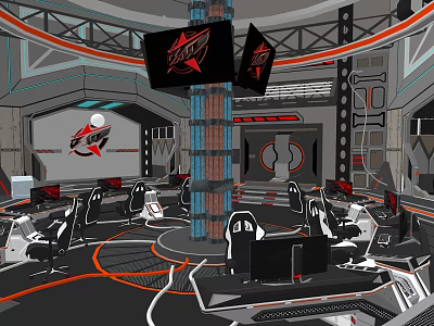 Modern Tech Style Cybercafe With Gaming Chairs Computer Monitors Neon Lights And Decorative Pillars 3d model