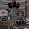 Modern Tech Style Cybercafe With Gaming Chairs Computer Monitors Neon Lights And Decorative Pillars
