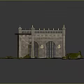 Two Classical Stone Buildings with Arched Doorways Decorative Spires Grass Lawn and Wooden Pavilion