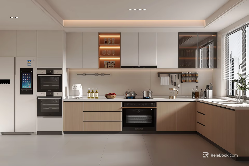 Modern Kitchen Interior With Light Wood Cabinets Stainless Steel Appliances And Glass Door Storage 3d model 