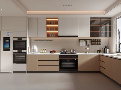 Modern Kitchen Interior With Light Wood Cabinets Stainless Steel Appliances And Glass Door Storage 3d model
