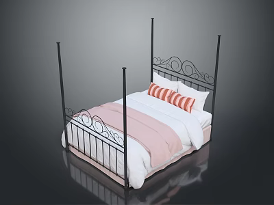 Modern Black Metal Four Poster Bed With White Sheets Pink Blanket And Striped Pillows 3d model