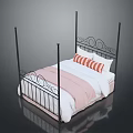 Modern Black Metal Four Poster Bed With White Sheets Pink Blanket And Striped Pillows