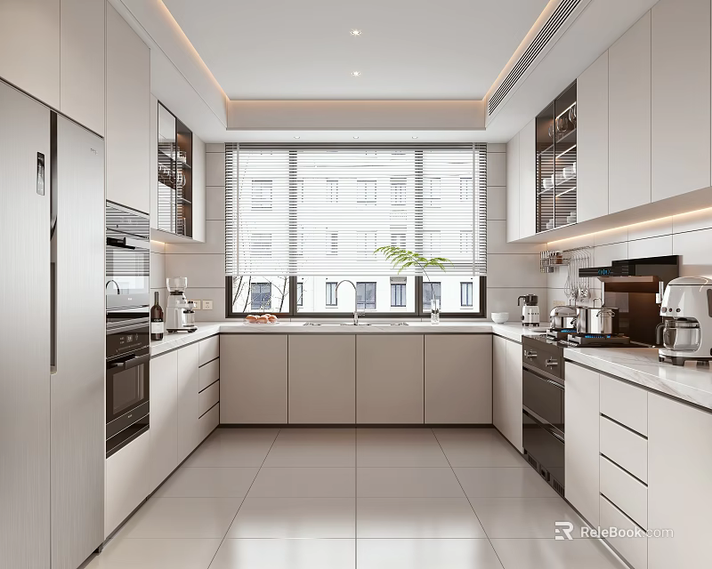 Modern Open Concept Kitchen Interior With Island Counter And Cabinets 3d model 