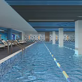 Modern Swimming Center Reception Area With Blue White Design Marble Floor And Swimming Posters