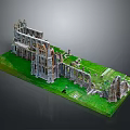 Ancient Ruin Building Model With Stone Architecture And Green Grass Surroundings