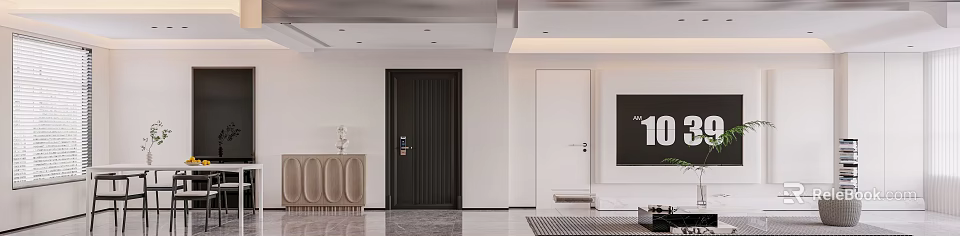 Modern Living And Dining Room Interior With Black Door White Walls And TV 3d model 