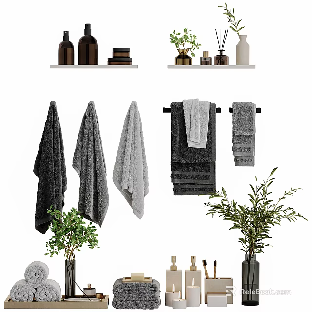 Bathroom Accessories Display With Towels Shelves Decorative Bottles And Plants 3d model 