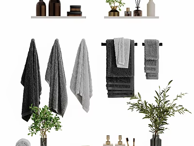 Bathroom Accessories Display With Towels Shelves Decorative Bottles And Plants 3d model