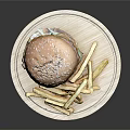 Juicy Beef Burger With Sesame Seed Bun And Crispy Fries On Wooden Plate