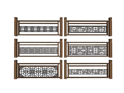 Traditional Style Wooden Railings with Various Intricate Carved Patterns and Decorative Designs 3d model