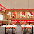 Shopping Mall Restaurant Interior With Red Chairs Neat Dining Tables Wooden Walls And Menu Posters