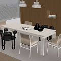 Black Dining Table With Chairs Wooden Cabinets Window Blinds Pendant Lights Magazine And Bowl