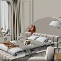 Cozy Modern Double Bed With Arc Shaped LED Light Headboard Plush Pillows And Stuffed Toys