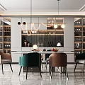 Modern Restaurant Interior With Dining Table Chairs Pendant Lights And Wine Cabinets 3d model