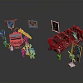 Toy Building Blocks Scene Components With Red Seats Banners Figures And Decorative Paintings