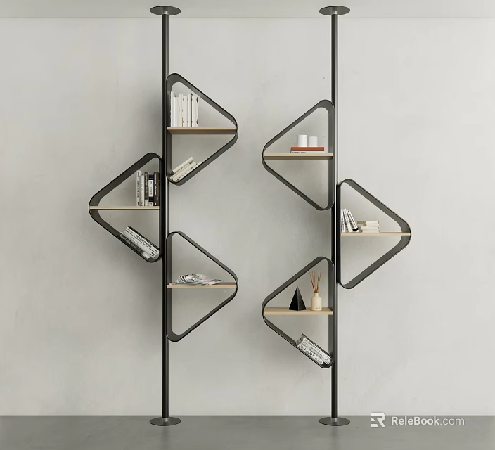 Modern Geometric Bookcase Design With Black Frame And Wooden Shelves Holding Books And Decor Items 3d model 