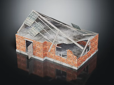Dilapidated Brick Building With Damaged Roof And Exposed Wooden Framework 3d model