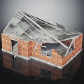 Dilapidated Brick Building With Damaged Roof And Exposed Wooden Framework