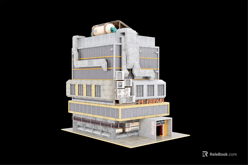 Industrial Factory Building With Multi story Structure Gray Exterior Yellow Accent Stripes And Roof Equipment 3d model 