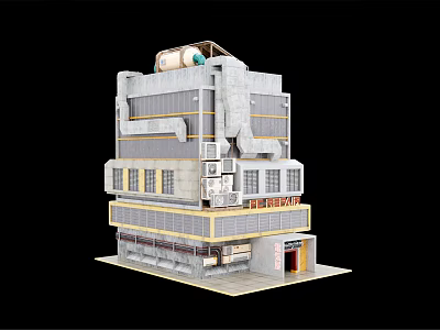 Industrial Factory Building With Multi story Structure Gray Exterior Yellow Accent Stripes And Roof Equipment 3d model