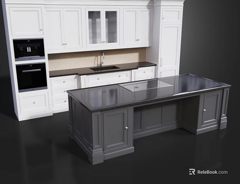 Elegant Modern Office Desk With Black Granite Top And White Storage Cabinets 3d model 