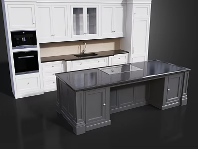 Elegant Modern Office Desk With Black Granite Top And White Storage Cabinets 3d model