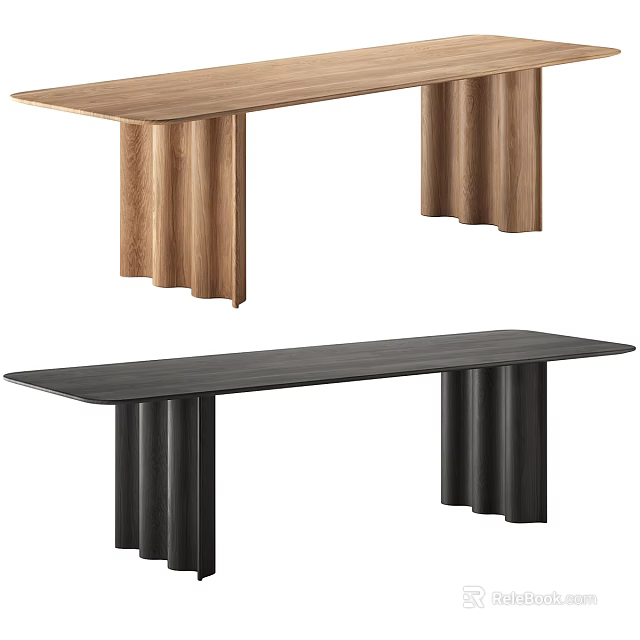 Modern Dining Table Designs With Wooden And Black Tops And Fluted Cylindrical Legs 3d model 