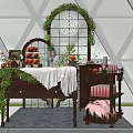 Decorative Display Cabinet Shelf With Green Vines Oranges Floral Decor And Tablecloth