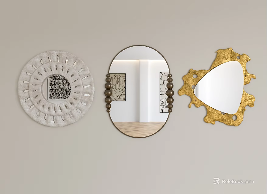 Decorative Wall Mirrors Set With Circular Pattern Oval Beaded Frame And Golden Irregular Shape 3d model 