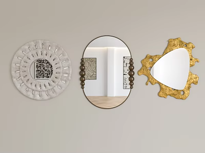 Decorative Wall Mirrors Set With Circular Pattern Oval Beaded Frame And Golden Irregular Shape 3d model
