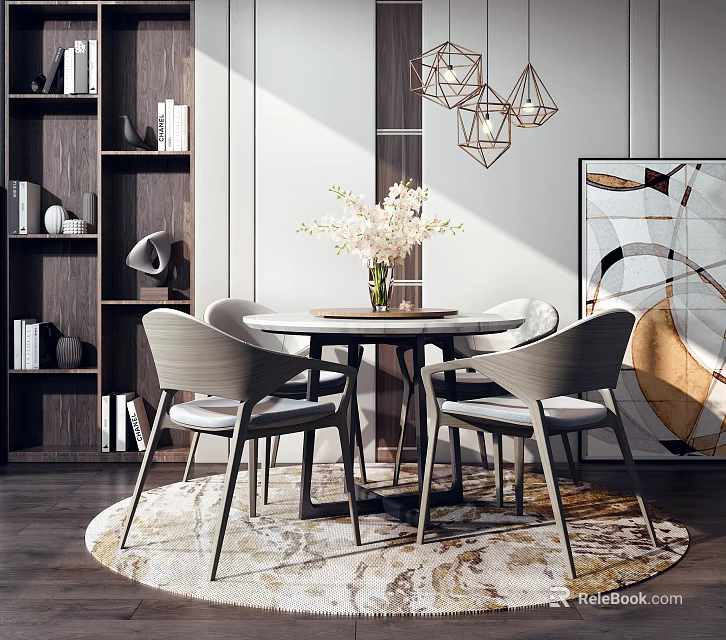 Modern Round Dining Table Set With Four Chairs And Flower Vase On Marble Pattern Rug 3d model