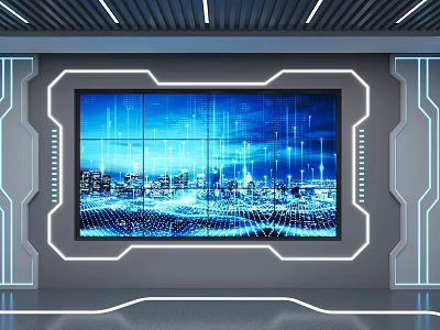 Futuristic Large Screen Display Featuring Cityscape Data Visualization Blue Lighting And Geometric Lines 3d model