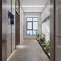 Modern Office Corridor With Light Colored Walls Ceiling Strip Lights And Marble Flooring