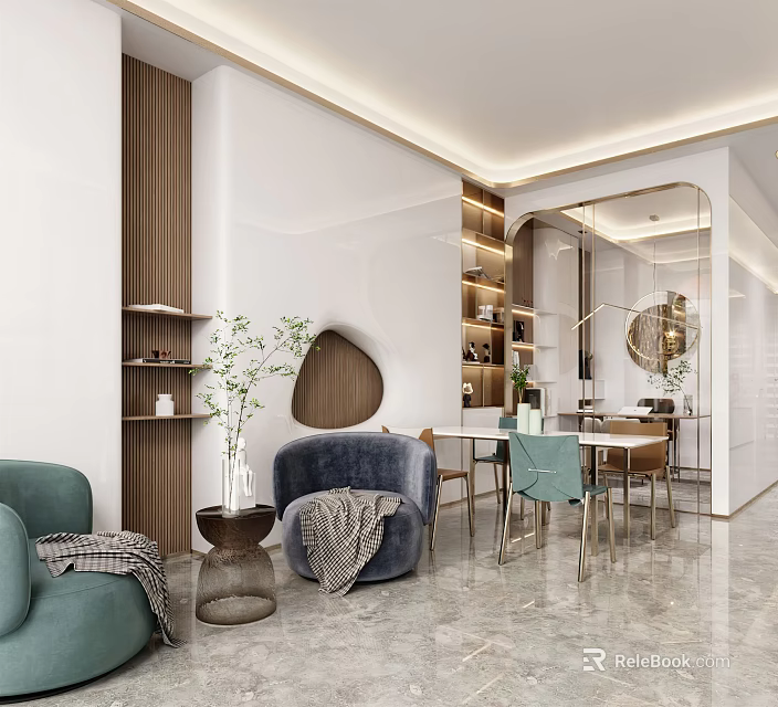 Modern Beauty Hair Salon Interior With Comfortable Sofa Stylish Chairs And Wooden Bookshelves 3d model 