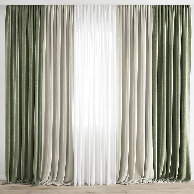 Elegant Green and White Layered Curtains with Sheer Inner Panels for Modern Interior Window Decor 3d model 