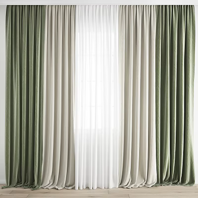 Elegant Green and White Layered Curtains with Sheer Inner Panels for Modern Interior Window Decor 3d model
