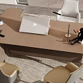 Modern Office Desk with Open Laptop Small Figurine Table Lamp and Two Chairs White Beige