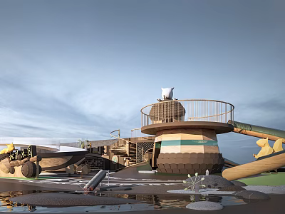 Outdoor Kids Playground With Circular Tower Railing Slide And Ground Puddles 3d model