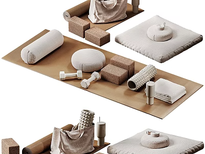 Essential Household Items Including Rolled Towels Round Cushions Square Blocks And Dumbbells 3d model