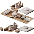 Essential Household Items Including Rolled Towels Round Cushions Square Blocks And Dumbbells
