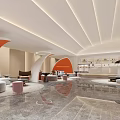 Modern Luxury Beauty Salon Lobby With Orange Curved Decor Sofas Marble Floor And Lighting Design