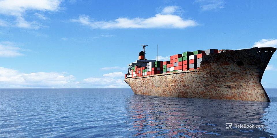 Landscape Sculpture of Cargo Ship with Colorful Containers on Blue Ocean Under Sky 3d model 