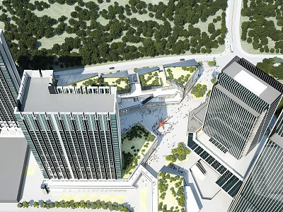 Modern High Rise Office Building Complex With Central Plaza And Lush Green Surroundings 3d model