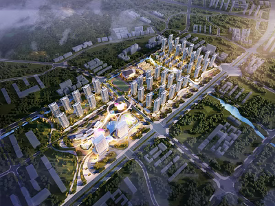 Aerial Planning of Modern Urban Community With High Rise Buildings Green Areas and Road Networks 3d model