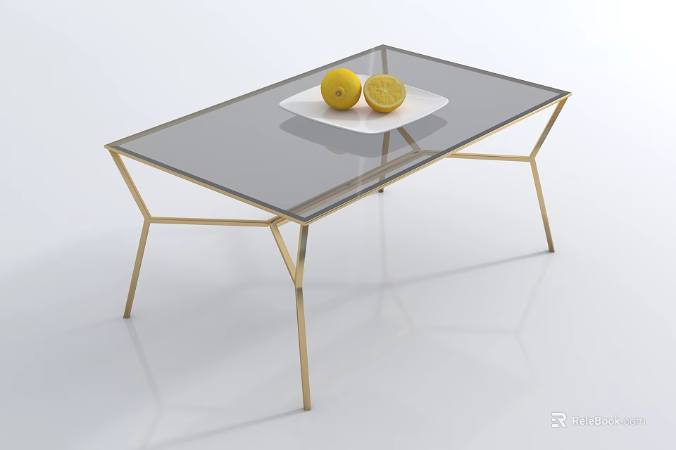 Modern Coffee Table With Glass Top And Gold Metal Legs Featuring White Tray With Lemons 3d model 