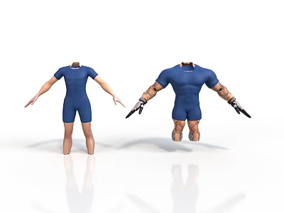 Headless 3D Character Models In Blue Jumpsuit With Mechanical Arms Weapons And Dynamic Pose 3d model