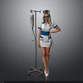 Woman in White Nurse Uniform with Blue Accents Standing by IV Stand in Medical Setting