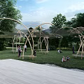 Tensile Membrane Structure In Outdoor Park With Green Grass People Activities And Sunset Sky